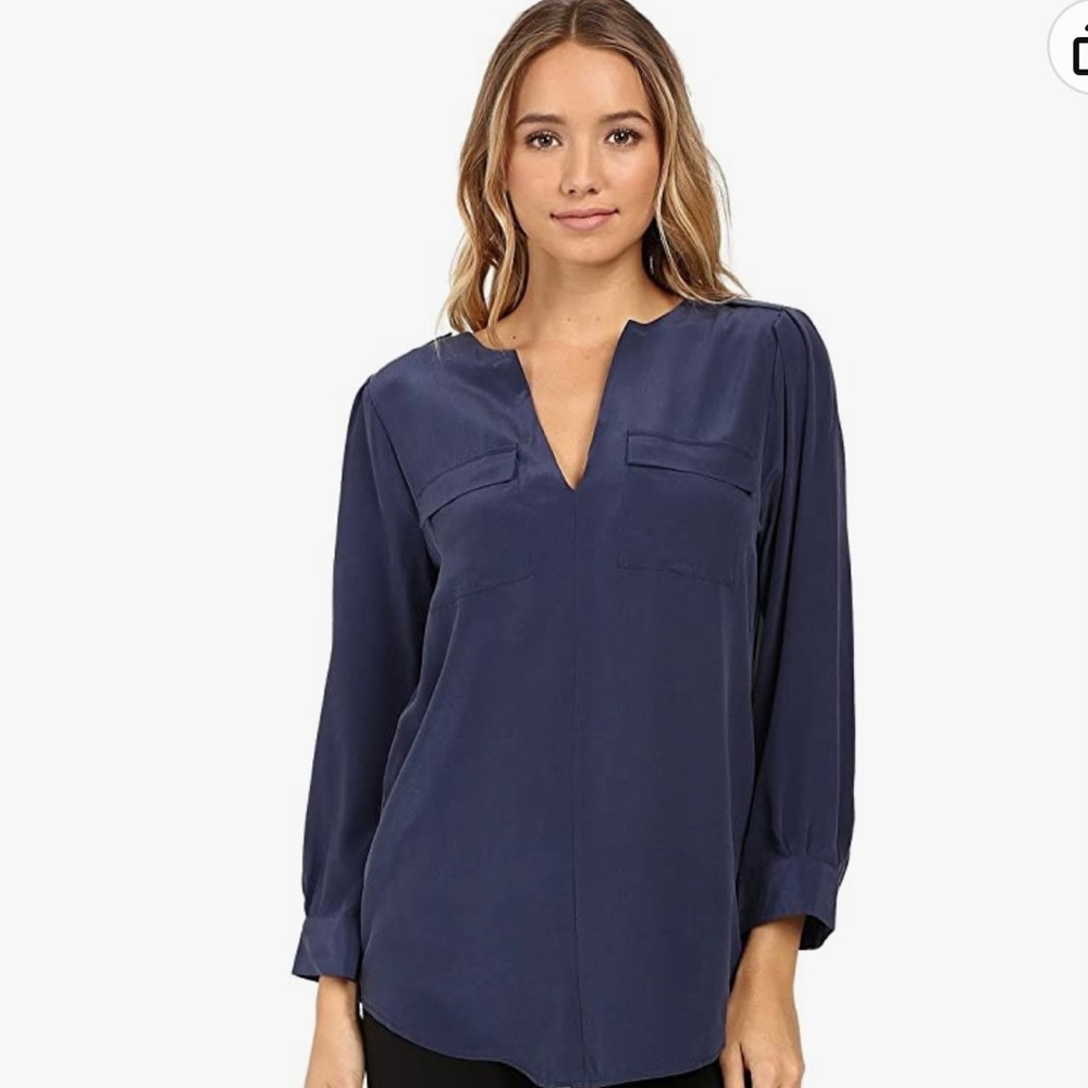 JOIE Marlo Silk Long Sleeve Pop-Over Pocket Blouse Navy MSRP $228 SZ L NEW!!!